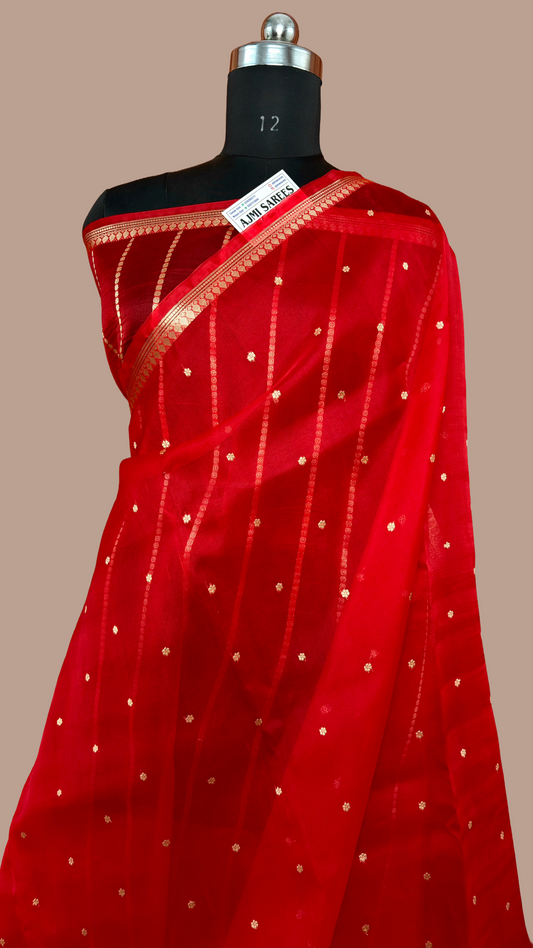 Pure Kora Silk Handloom Banarasi Saree Rich Red-All-Over Kadwa Motifs Banarasi Saree