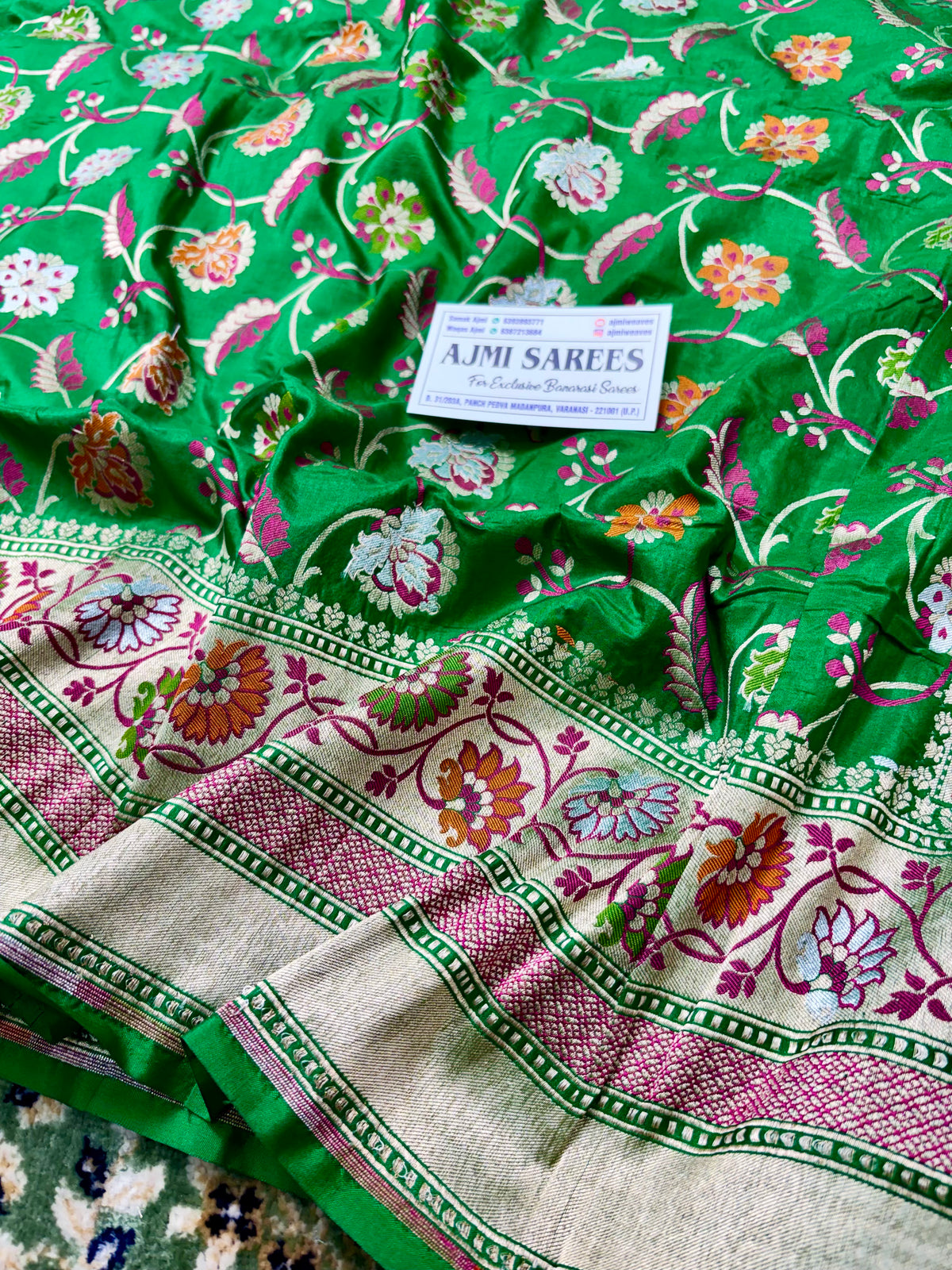100% Pure Katan Silk Handloom Banarasi Saree – Emerald Green Tilfi Meenakari Floral Jaal Banarasi Saree