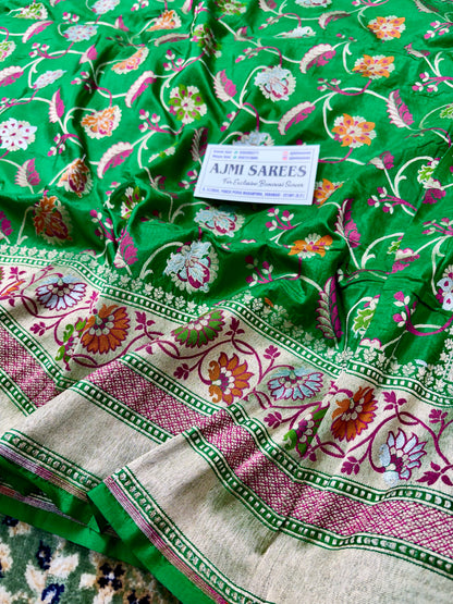 100% Pure Katan Silk Handloom Banarasi Saree – Emerald Green Tilfi Meenakari Floral Jaal Banarasi Saree