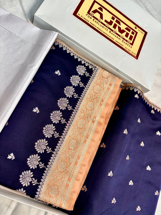 Premium navy blue Katan silk Banarasi saree with floral butis