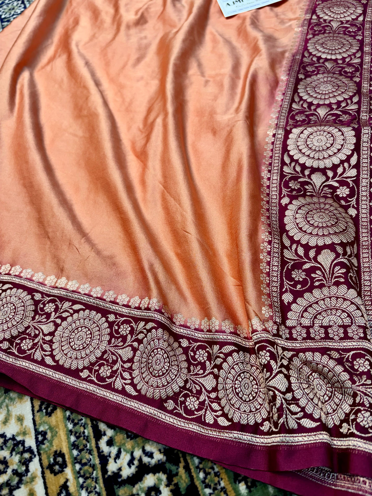 Premium Mashru Katan Silk Banarasi Saree – Copper Body with Contrast Wine Border Banarasi Saree