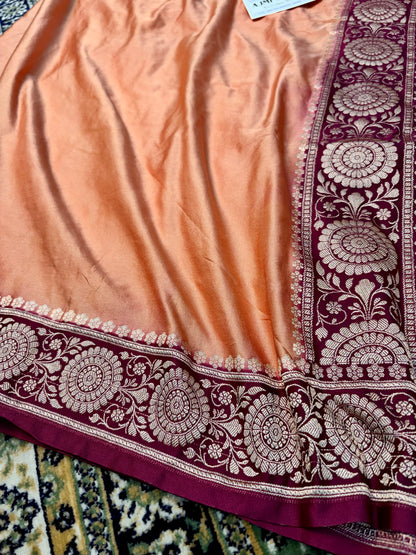 Premium Mashru Katan Silk Banarasi Saree – Copper Body with Contrast Wine Border Banarasi Saree