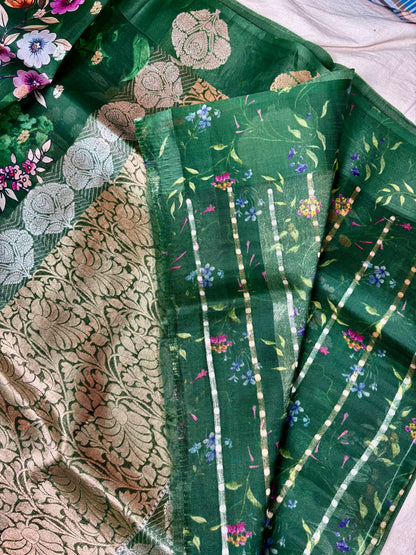 Green Pure Kora Silk Handloom Banarasi Saree | Sona Rupa Kadwa Motifs & Digital Floral Print Pure Kora Organza Silk