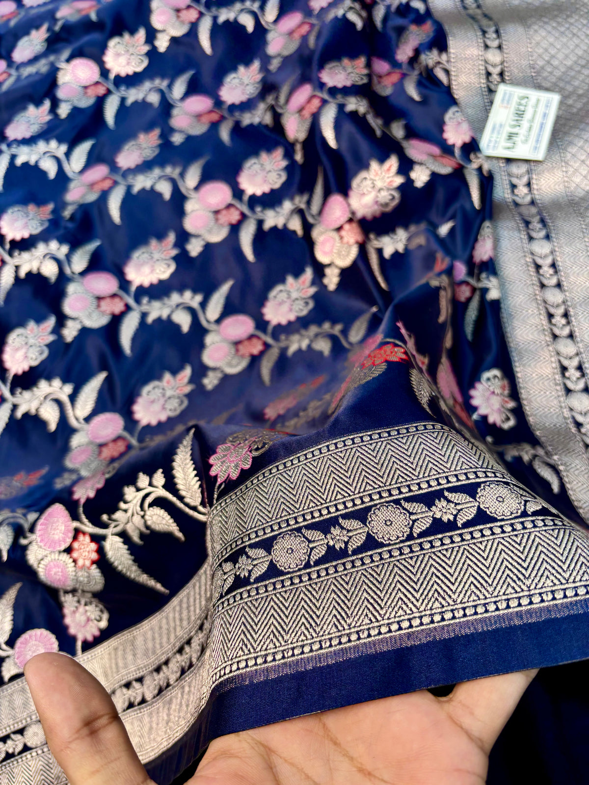Premium Navy Blue Mashru Katan Silk Banarasi Saree | All-Over Meenakari Jaal Banarasi Saree