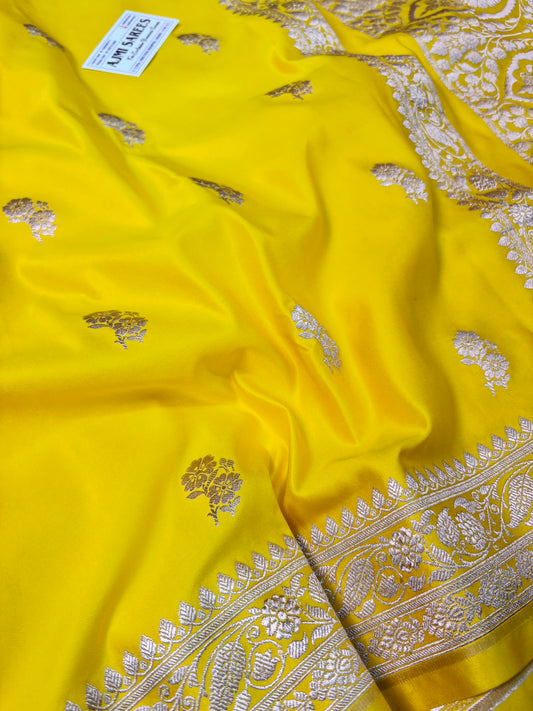 Premium Mashru Katan Silk Banarasi Saree – Sunshine Yellow Banarasi Saree
