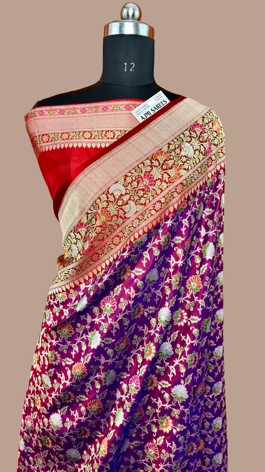 100% Pure Katan Silk Banarasi Saree – Wine Body with Contrast Red Border | Tilfi Meenakari Banarasi Saree