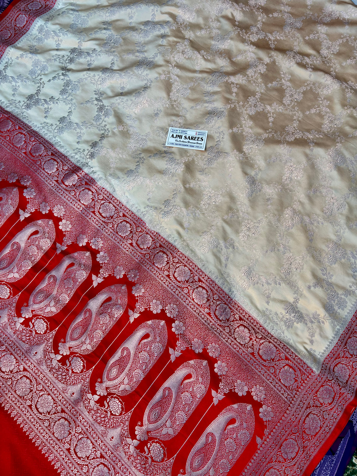 Premium Mashru Katan Silk Banarasi Saree – Ivory & Red Contrast | Golden Zari Floral Jaal Banarasi Saree