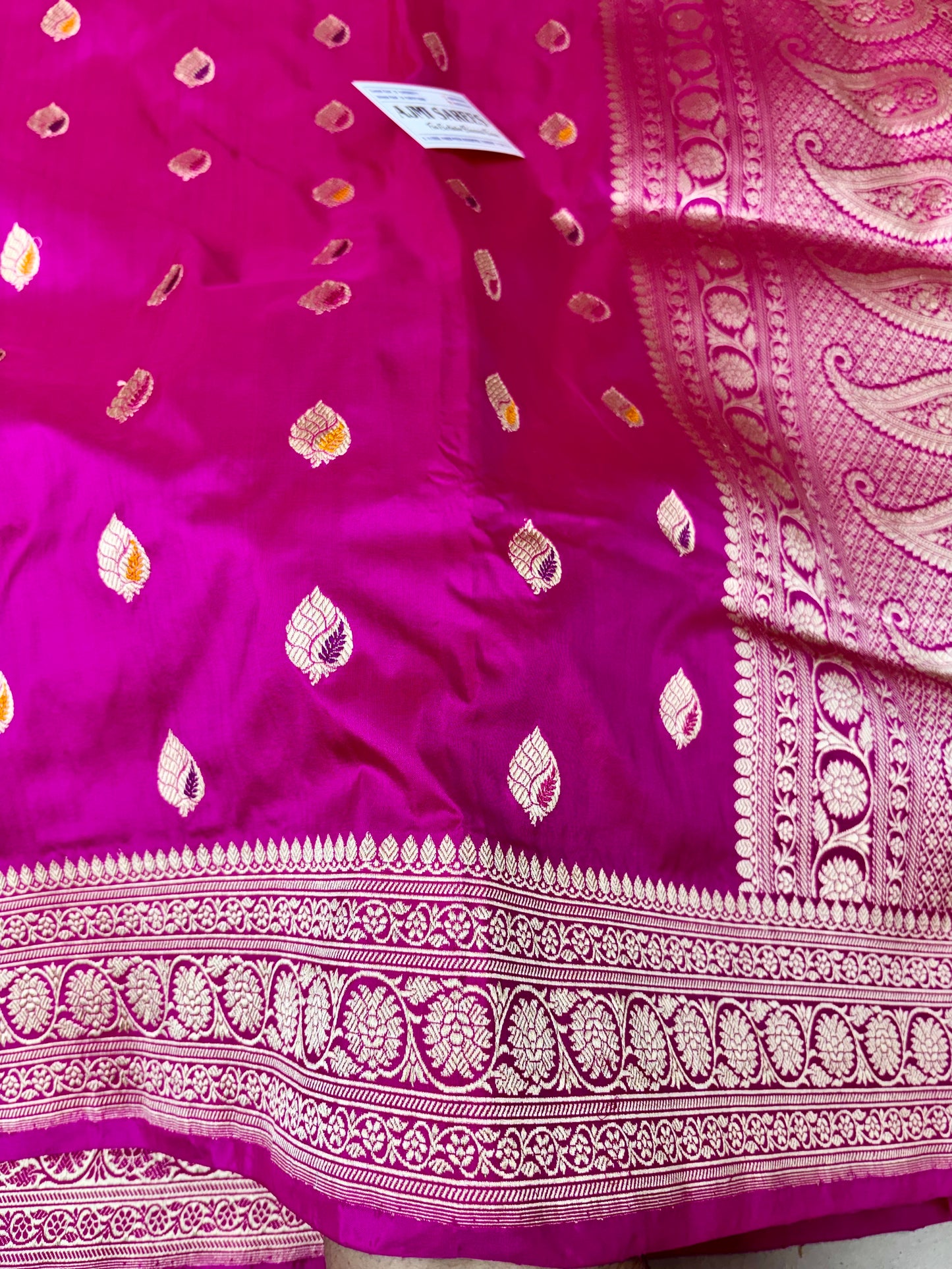 Pure Katan Silk Banarasi Saree with rich zari border and striped blouse piece