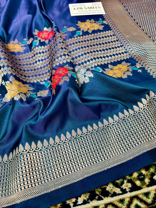 Premium Mashru Katan Silk Banarasi Saree – Dual Tone German Blue Banarasi Saree