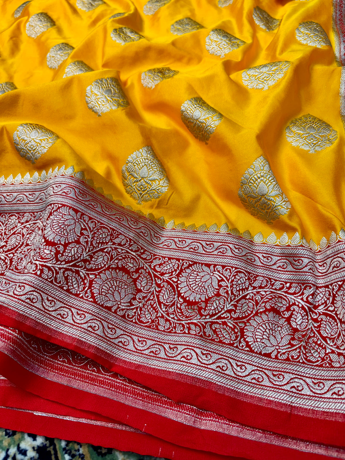 Premium Mashru Katan Silk Banarasi Saree – Golden Yellow with Contrast Red Border Banarasi Saree