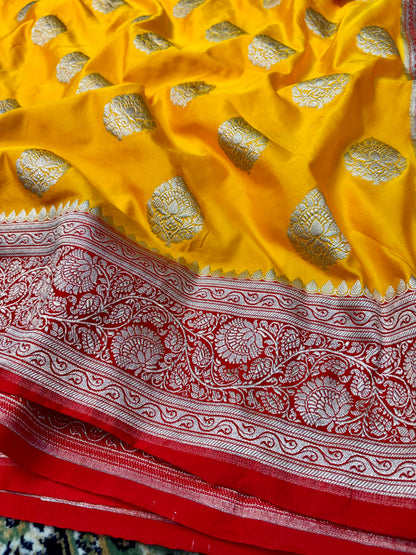 Premium Mashru Katan Silk Banarasi Saree – Golden Yellow with Contrast Red Border Banarasi Saree