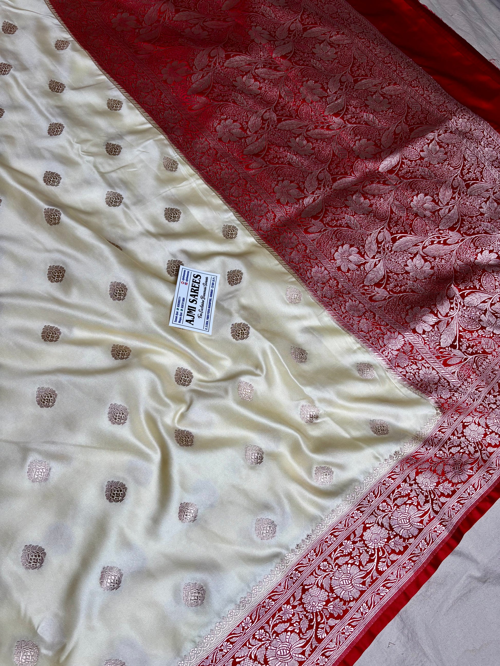 Elegant Banarasi Saree in Off White with Rich Red Zari Woven Border