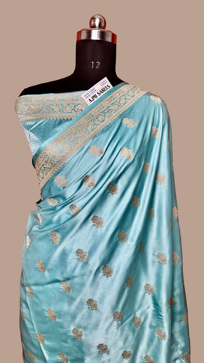 Aqua firozi mashru katan silk banarasi saree with zari boota motifs