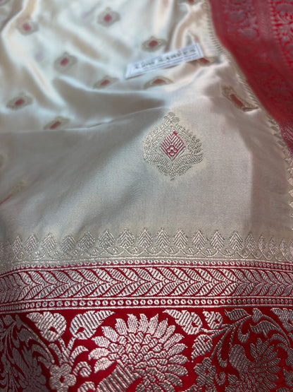 Luxury Premium Ivory Mashru Katan Silk Banarasi Saree with Contrast Red Border & Meenakari Motifs Banarasi Saree