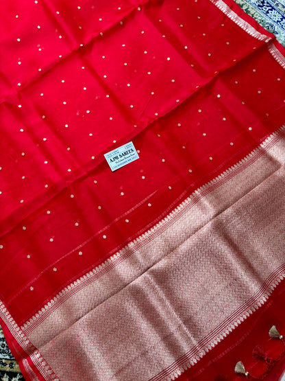 Pure Kora Silk Handloom Banarasi Saree Rich Red-All-Over Kadwa Motifs Banarasi Saree