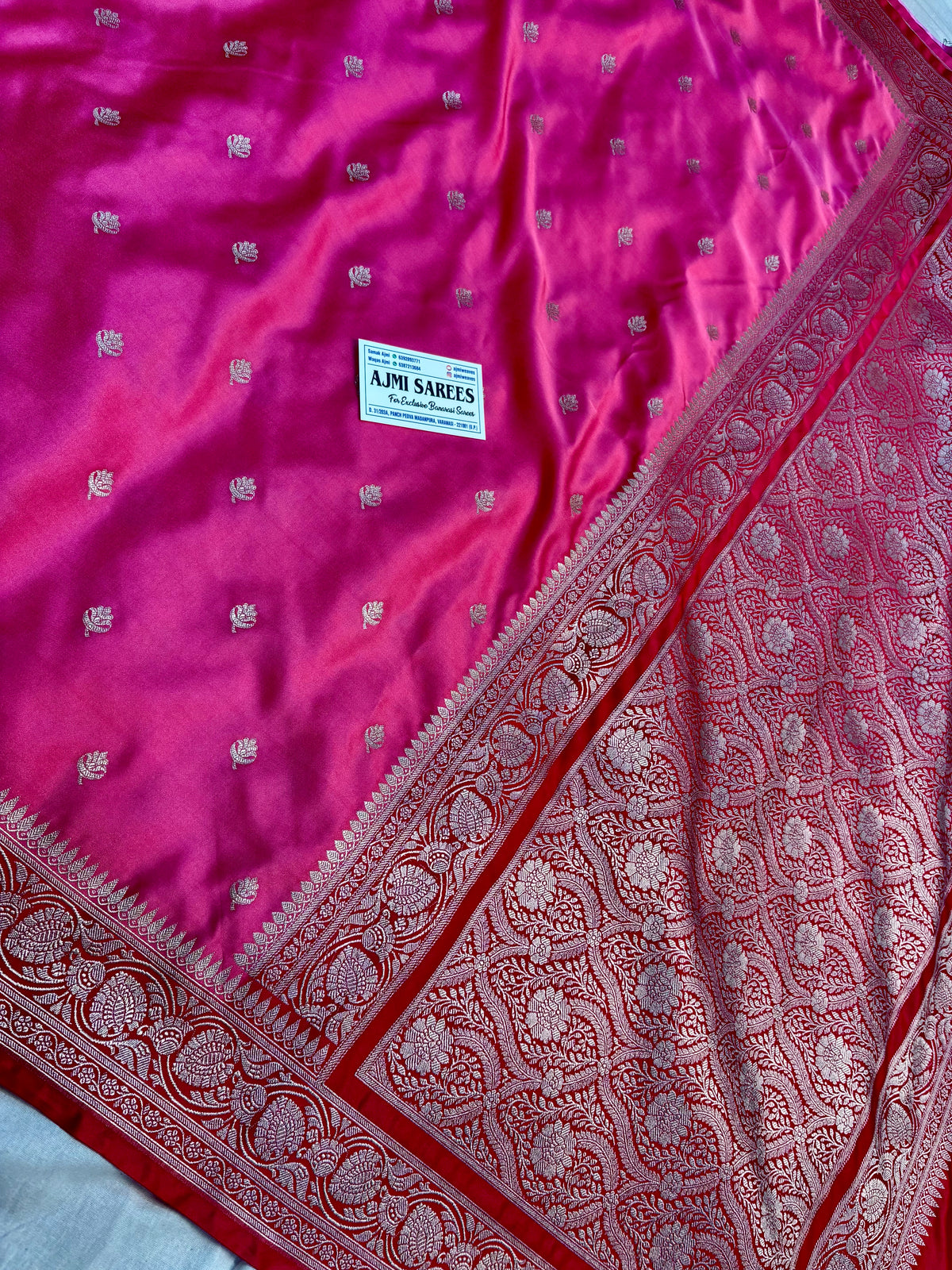 Wedding Banarasi saree in strawberry pink with cherry red zari pallu