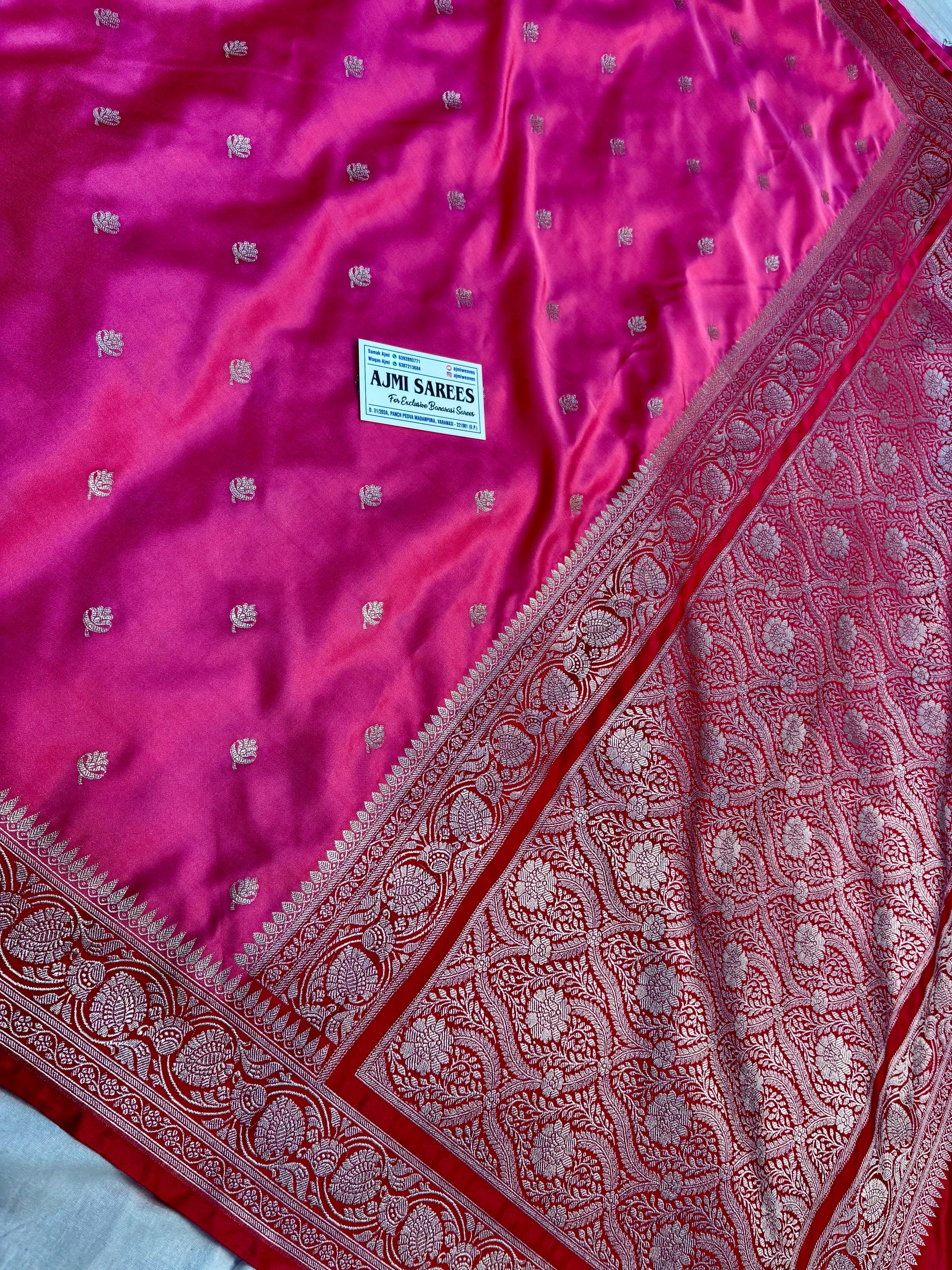 Wedding Banarasi saree in strawberry pink with cherry red zari pallu