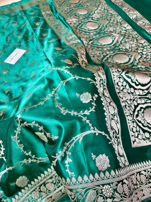 Rama green Banarasi saree with silver zari border
