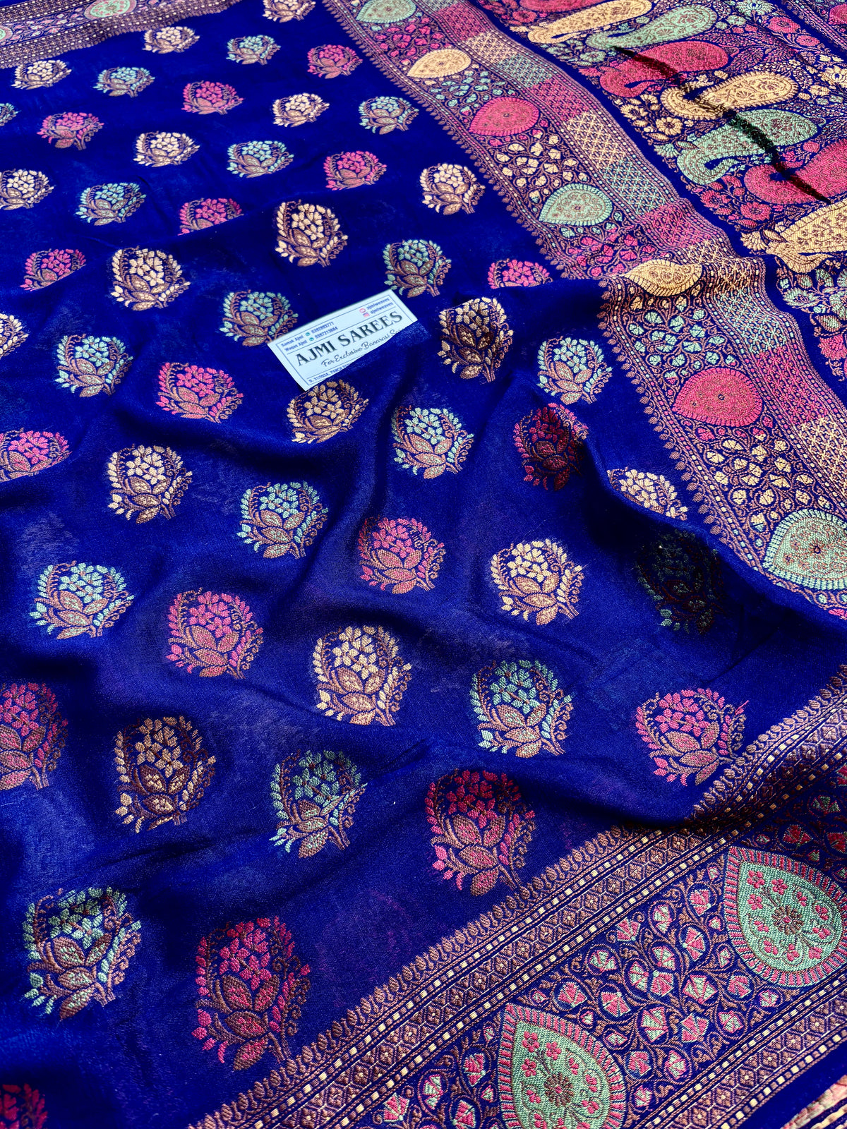 Pure Khaddi Chiffon silk Banarasi saree in rich navy blue