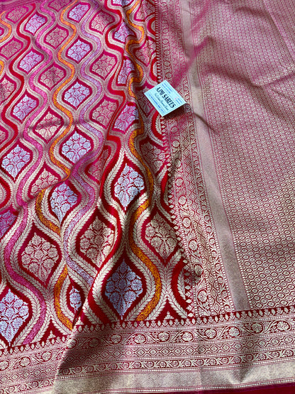 Dual tone pink Banarasi silk saree with rich floral zari motifs and designer border