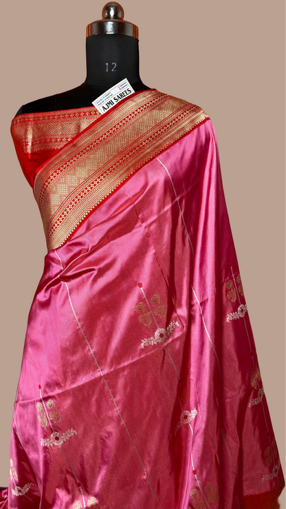 100% pure katan silk handloom kadhiyal Banarasi saree in rani pink and red