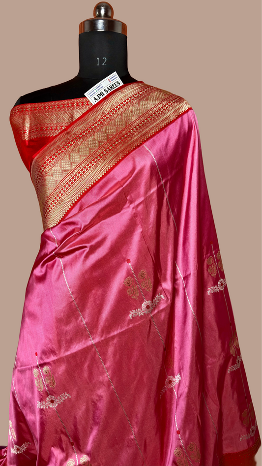 100% pure katan silk handloom kadhiyal Banarasi saree in rani pink and red