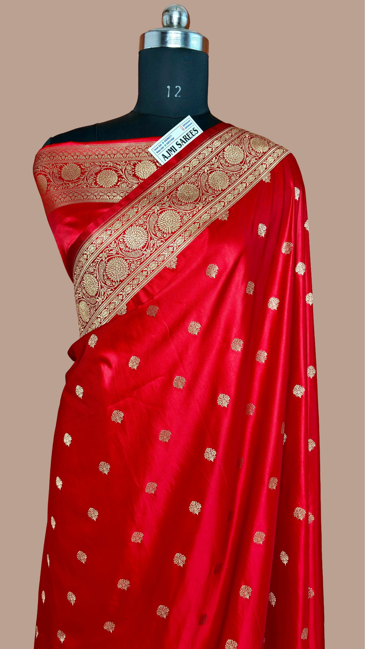 Premium Red Mashru Katan Silk Banarasi Saree with Golden Zari Floral Border & Buti Motifs Red Banarasi Saree
