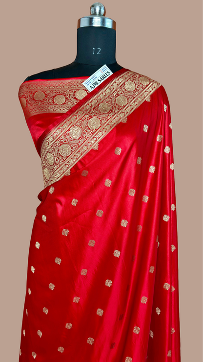 Premium Red Mashru Katan Silk Banarasi Saree with Golden Zari Floral Border & Buti Motifs Red Banarasi Saree