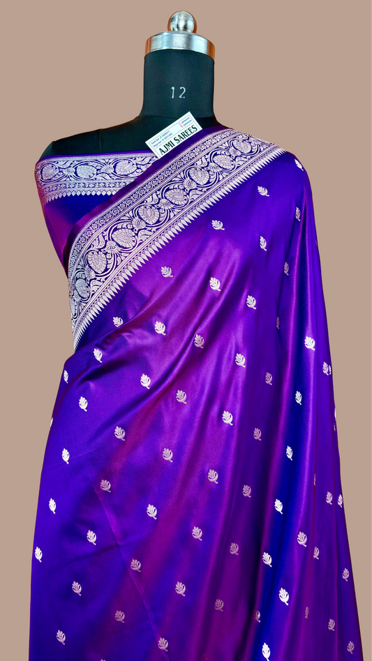 Premium Purple Mashru Katan Silk Banarasi Saree | Golden Zari Floral Border & Buti Banarasi Saree