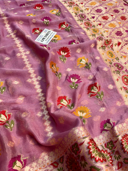 Pure khaddi chiffon Rani pink Banarasi saree