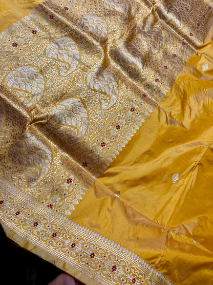 Handloom Banarasi Kadwa Saree in Bright Yellow with Delicate All Over Buti and Heritage Craftsmanship