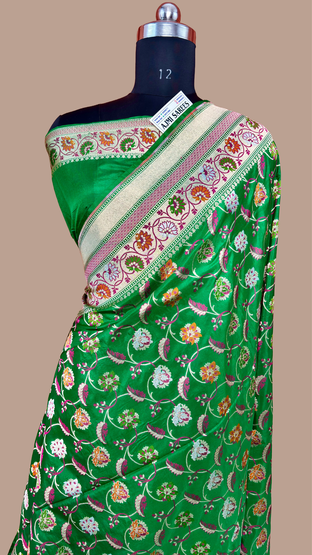 100% Pure Katan Silk Handloom Banarasi Saree – Emerald Green Tilfi Meenakari Floral Jaal Banarasi Saree