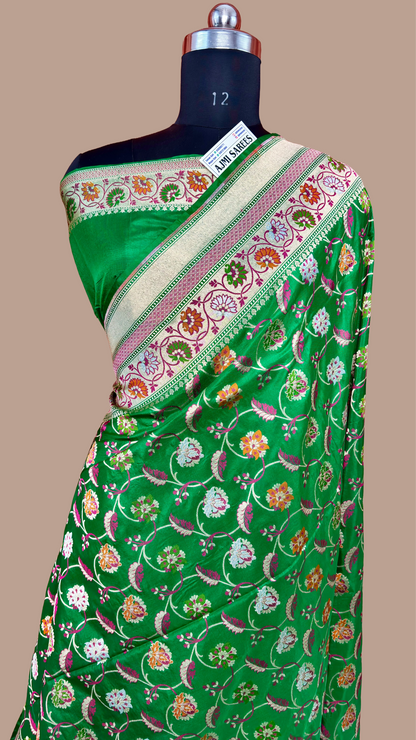 100% Pure Katan Silk Handloom Banarasi Saree – Emerald Green Tilfi Meenakari Floral Jaal Banarasi Saree