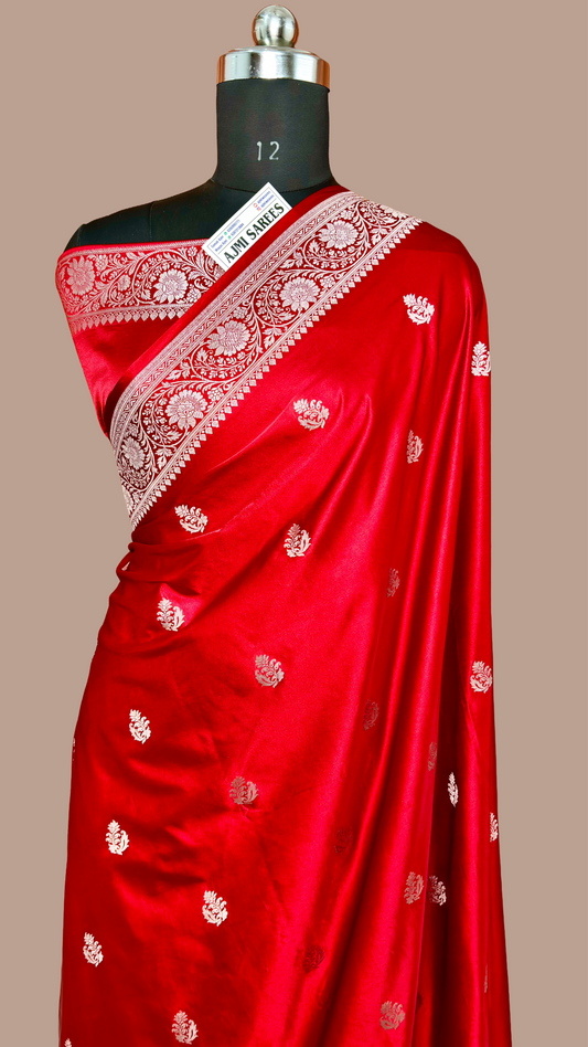 Premium Mashru Katan Silk Banarasi Saree – Deep Red with All-Over Motifs Banarasi Saree