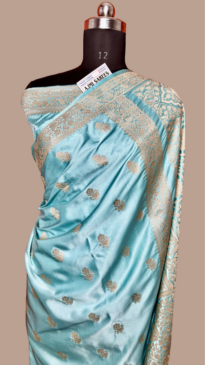 Elegant aqua firozi banarasi saree with traditional woven border
