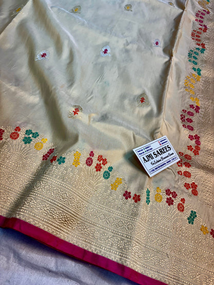 Pure Katan silk handloom Banarasi saree with Meenakari tree border