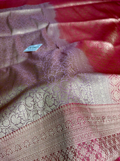 100% Pure Tissue Katan Silk Handloom Banarasi Saree – Lavender Body with Contrast Gajri Border Pure kora tissue silk banarasi saree