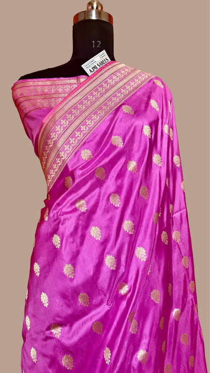 100% Pure Katan Silk Handloom Banarasi Saree in Pink with All Over Kadwa Motifs