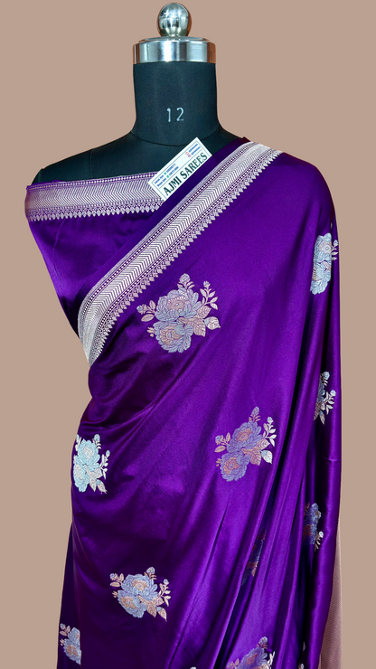 Mashru Katan Silk Purple Banarasi Saree with Sona Rupa Boota and Rich Zari Border Mashru Katan Silk Banarasi Saree