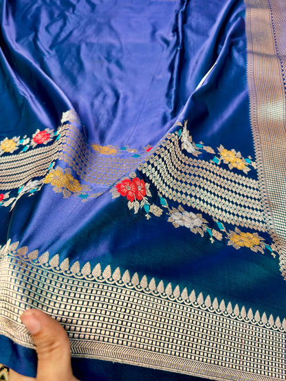 Premium Mashru Katan Silk Banarasi Saree – Dual Tone German Blue Banarasi Saree