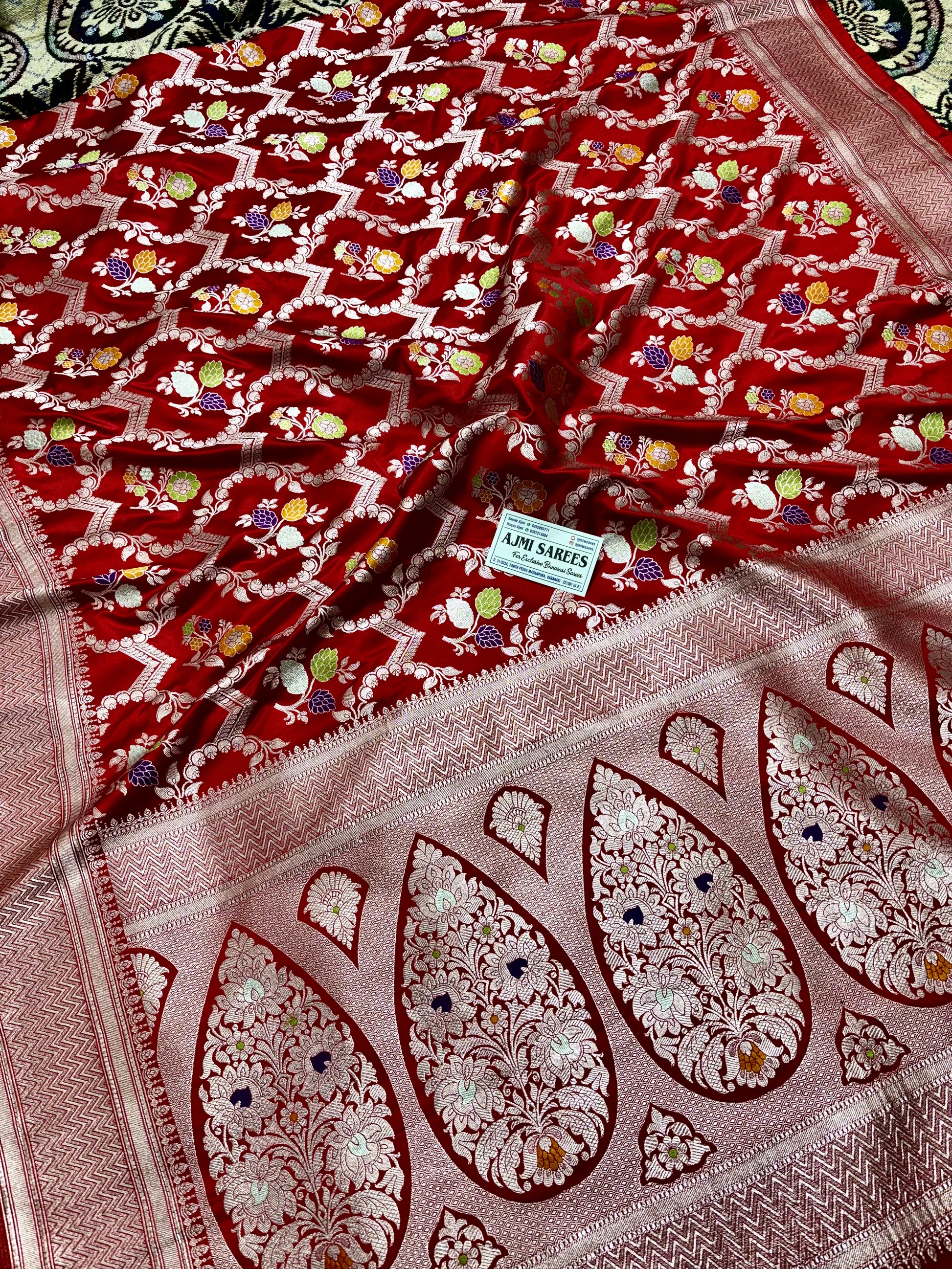 Mashru Katan Silk Red Banarasi Saree with Multicolor Floral Zari Jaal and Rich Traditional Border Mashru Katan Silk Banarasi Saree
