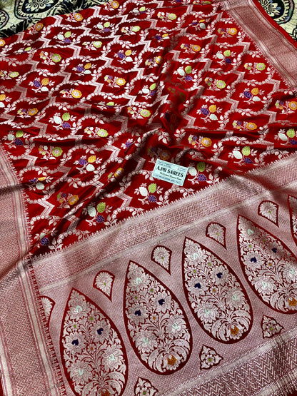 Mashru Katan Silk Red Banarasi Saree with Multicolor Floral Zari Jaal and Rich Traditional Border Mashru Katan Silk Banarasi Saree