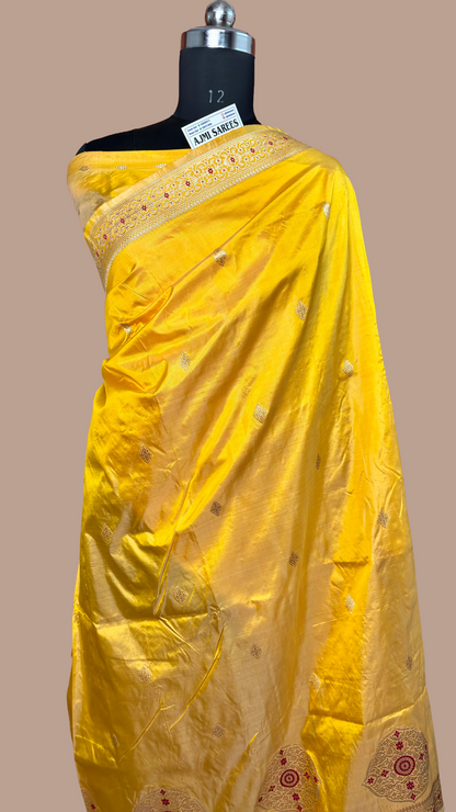 Pure Katan Silk Handloom Kadwa Banarasi Saree in Yellow with All Over Kadwa Bootis and Meenakari Border