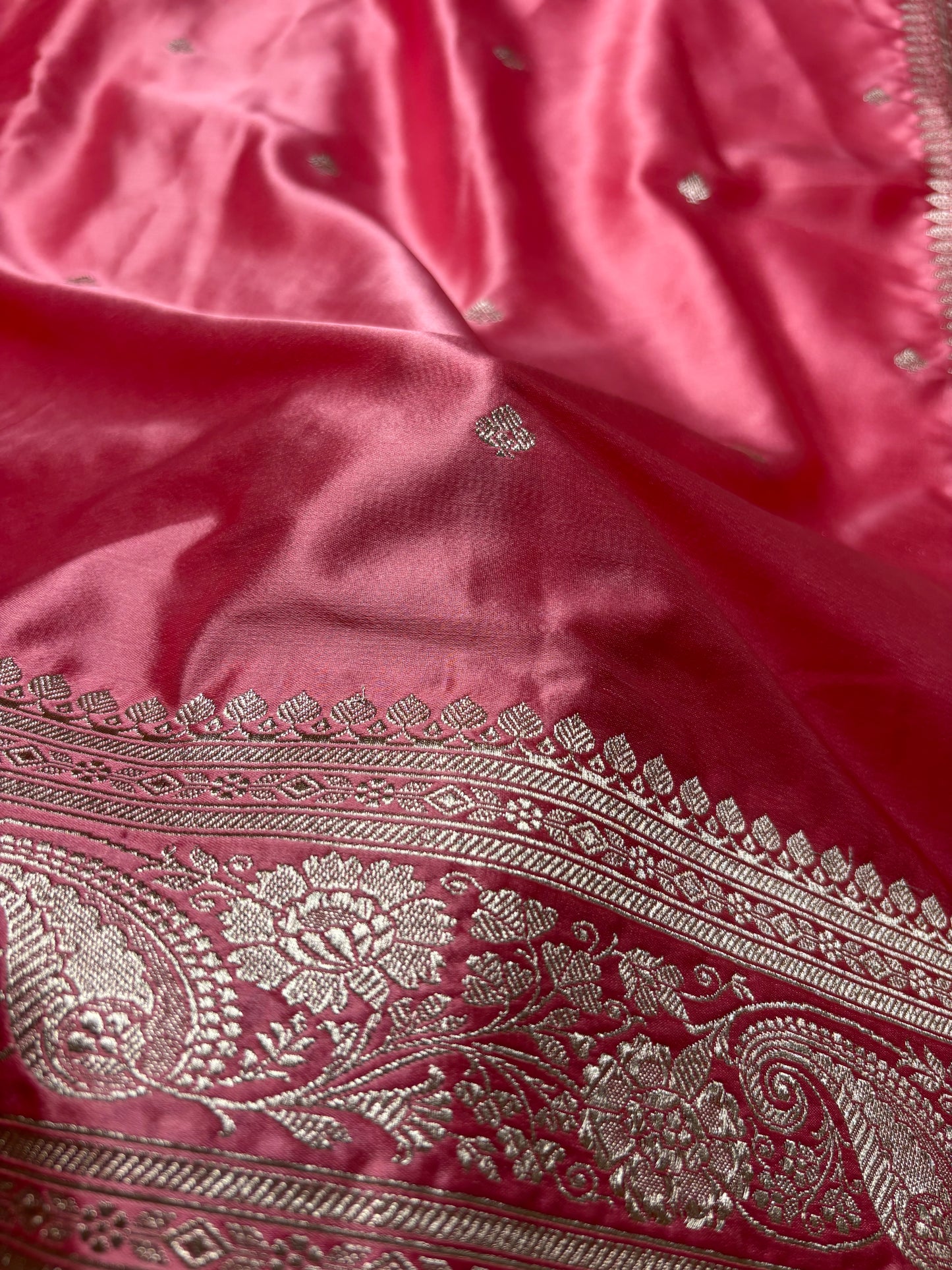 Mashru katan silk banarasi saree strawberry color sona zari boota