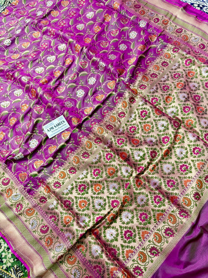 100% Pure Katan Silk Banarasi Tilfi Meenakari Saree – Magenta Banarasi Saree