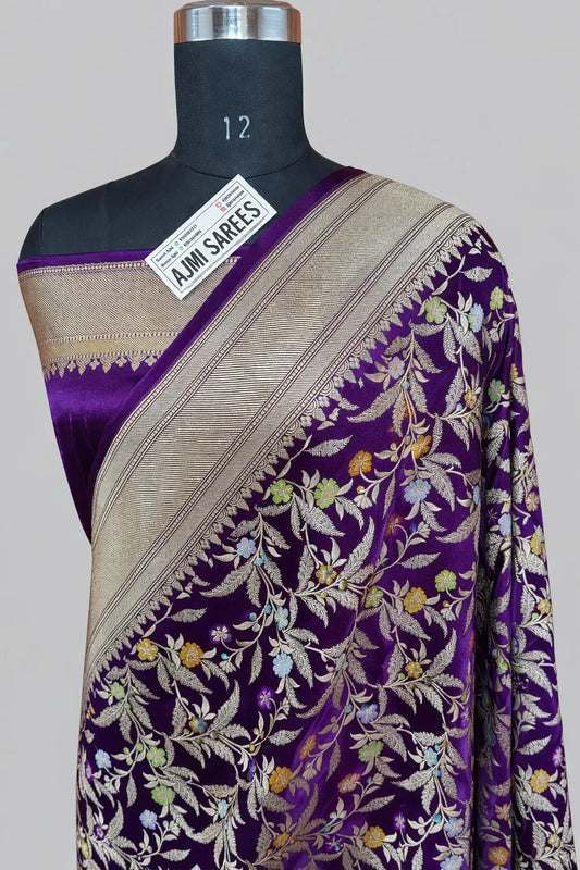 Mashru Katan Silk Banarasi Meenakari Saree with Multicolor Floral Jangla & Rich Zari Border Banarasi Saree