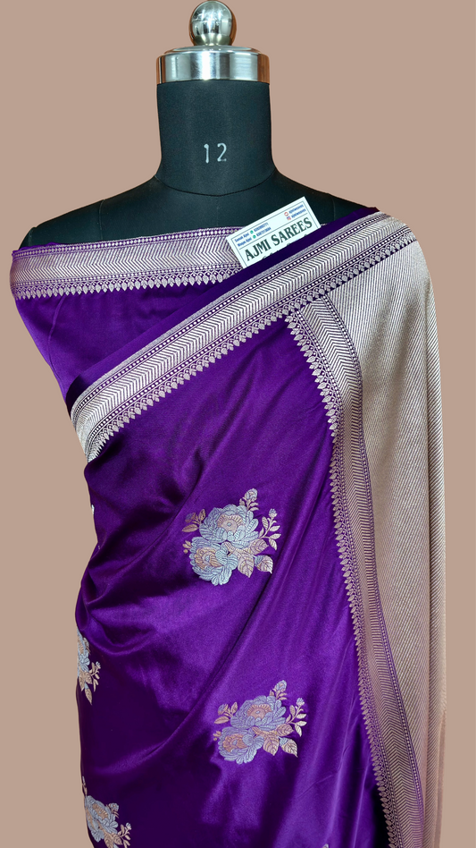 Mashru Katan Silk Purple Banarasi Saree with Sona Rupa Boota and Rich Zari Border Mashru Katan Silk Banarasi Saree