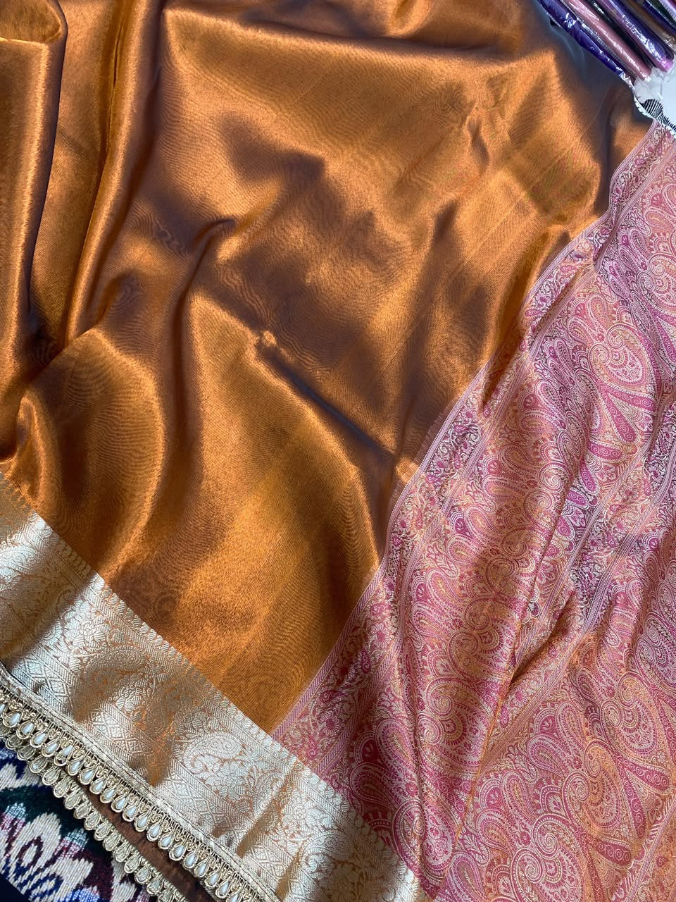 Super Soft Glass Tissue Katan Silk Banarasi Saree with Tilfi Pallu – Rust Orange Banarasi Saree