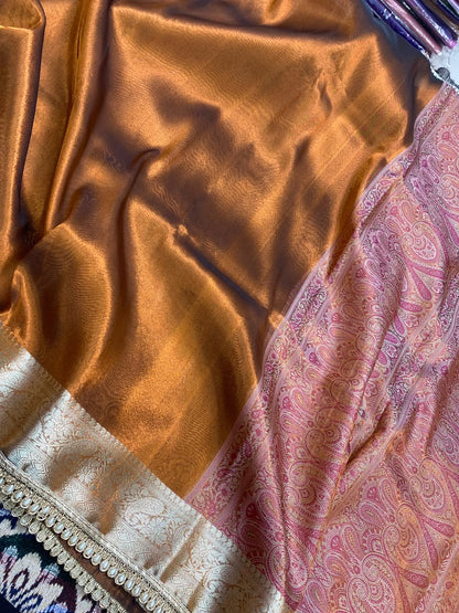 Super Soft Glass Tissue Katan Silk Banarasi Saree with Tilfi Pallu – Rust Orange Banarasi Saree