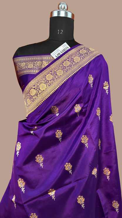 Pure Raw Mango Silk Handloom Banarasi Saree in Purple with All-Over Kadwa Sona Rupa Meenakari Motifs Banarasi Saree